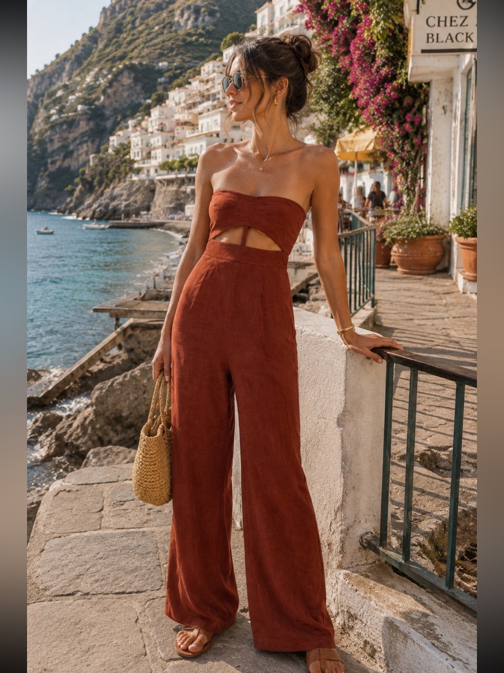 Strapless Cutout Wide-Leg Jumpsuit in Rust